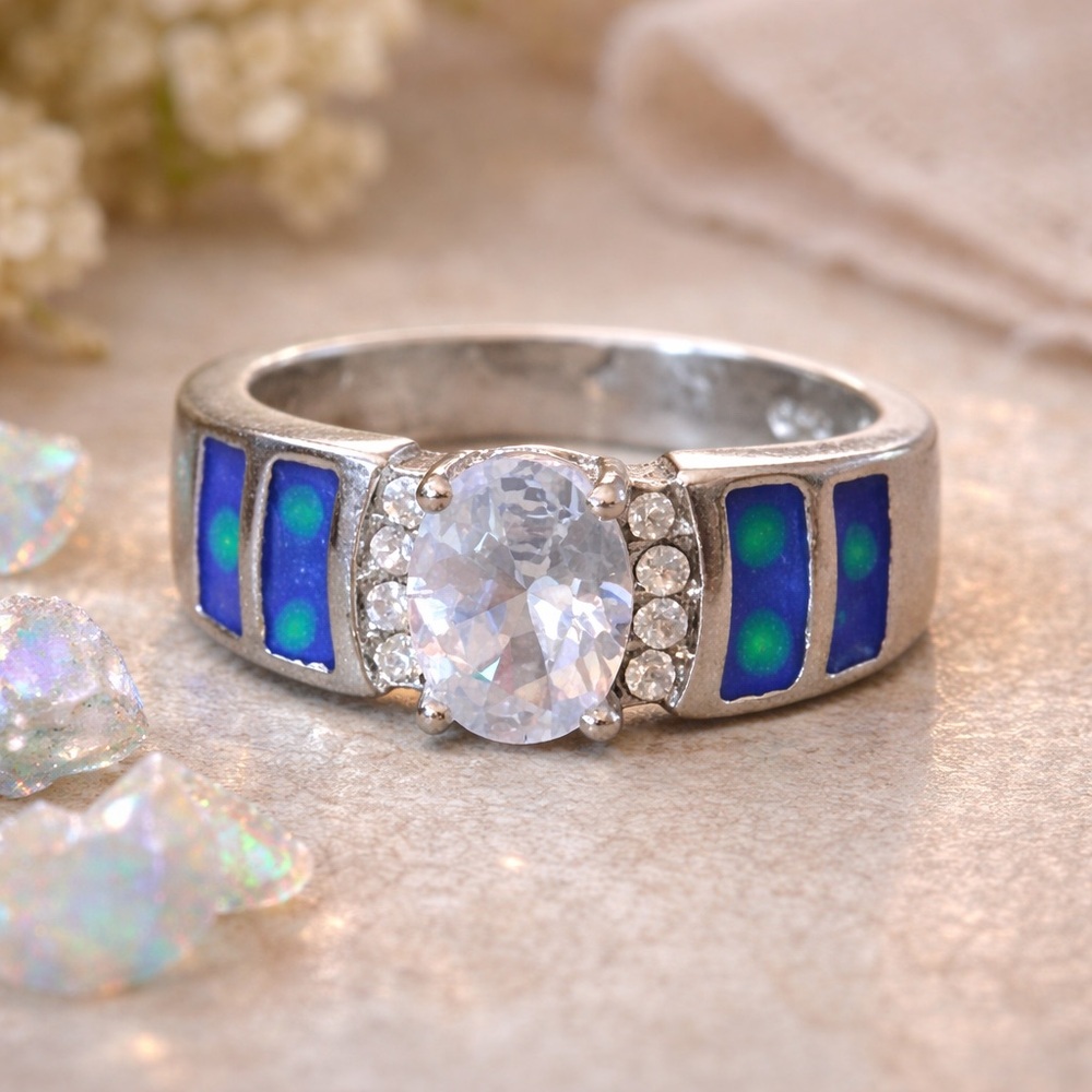 Sterling Silver Opal Inlay Ring Blue Fire Opal Statement Ring CZ Halo